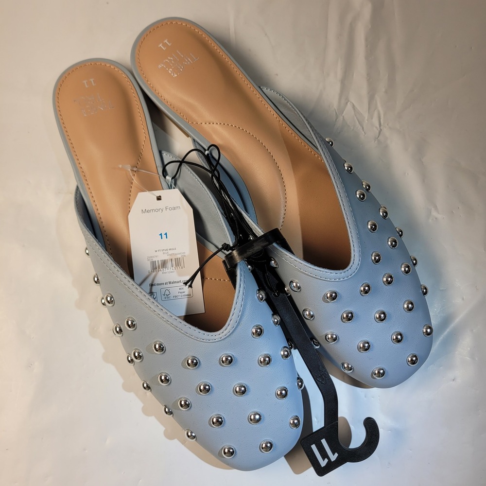 Time and Tru Mules Womens 11 Blue Studded Memory Foam Slip On Flats NEW